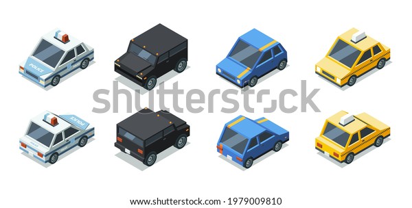 Isometric cars. Front and back\
side views of urban vehicles garish vector transport\
illustrations