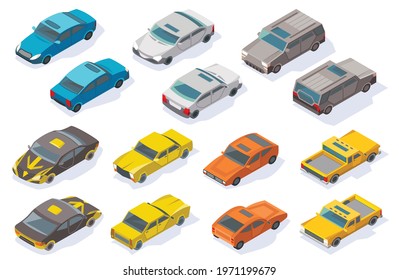 Isometric cars icons collection. Vector flat colorful 3d automobile set. Urban transport for passenger and service cars with shadow. Transportation technology