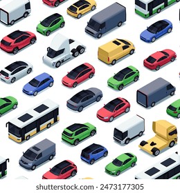 Isometric cars pattern. Seamless print of colorful retro vehicles, cartoon transportation background for wrapping paper fabric print. Vector texture.