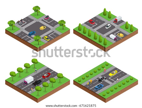Isometric Cars and road icons. Four variants of road\
and cars. Flat 3d isometric high quality city transport. Sedan,\
van, cargo truck, hatchback. Urban public and freight transport on\
the road