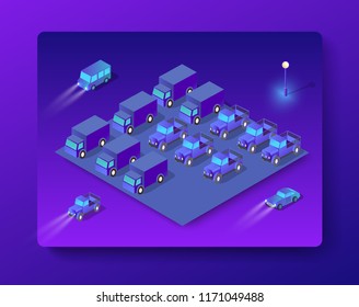 Isometric cars set of violet colors 3d modern town street, urban road architecture. Ultraviolet illustration map of isometry for the business design concept.