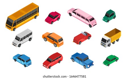 Isometric cars transport vehicle, set of isolated automobiles, public bus and lorry truck, vector illustration. Car icons in isometric cartoon style, pickup and luxury limousine. Urban traffic auto