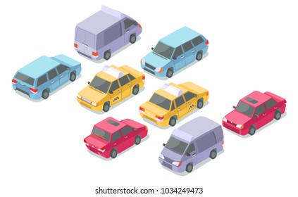 Isometric cars vector illustration isolated icons of private car, taxi or armored van and delivery coach. Isometric transport collection of passenger and service cars in traffic on parking flat design