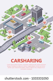 Isometric carsharing city map vector illustration 3D for car sharing or carpool service location or parking lots navigation. Isometric flat design of city plan with car renting parking location