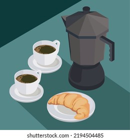 isometric cartel of coffee with coffee pot and croissant