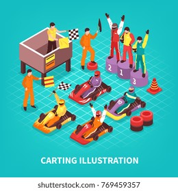 Isometric carting composition with isolated images of racing drivers on pedestal and carts with text vector illustration
