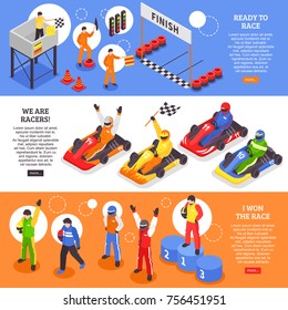Isometric carting horizontal banners set with human characters of cart racers with carts helmets and course vector illustration