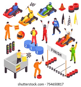 Isometric carting sport elements set with isolated images of racers flags with uniform and race course vector illustration