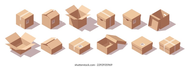 Isometric carton box set. Different types of cardboard boxes. Box for goods, delivery and gifts. Vector illustration