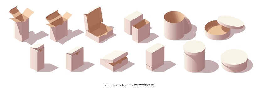 Isometric carton box set. Different types of cardboard boxes. Box for goods, delivery and gifts. Vector illustration