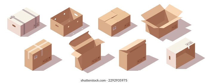 Isometric carton box set. Different types of cardboard boxes. Box for goods and delivery. Vector illustration