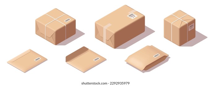 Isometric carton box set. Different types of cardboard boxes. Box for goods, delivery and gifts. Vector illustration