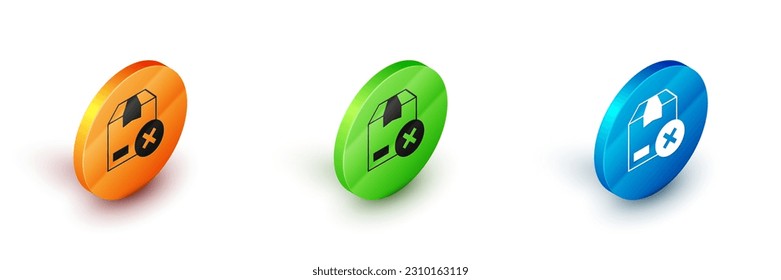 Isometric Carton cardboard box and delete icon isolated on white background. Box, package, parcel sign. Delivery and packaging. Circle button. Vector