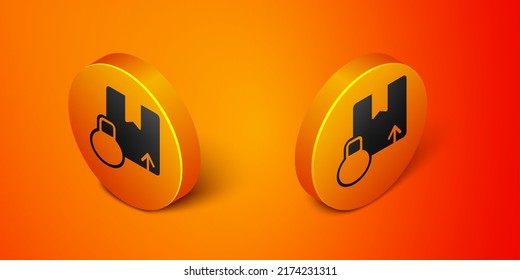 Isometric Carton cardboard box icon isolated on orange background. Box, package, parcel sign. Delivery and packaging. Orange circle button. Vector