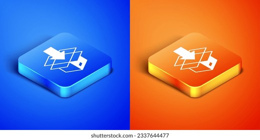 Isometric Carton cardboard box icon isolated on blue and orange background. Box, package, parcel sign. Delivery and packaging. Square button. Vector