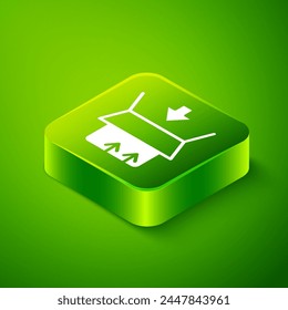 Isometric Carton cardboard box icon isolated on green background. Box, package, parcel sign. Delivery and packaging. Green square button. Vector