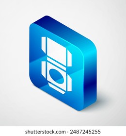 Isometric Carton cardboard box icon isolated on grey background. Box, package, parcel sign. Delivery and packaging. Blue square button. Vector