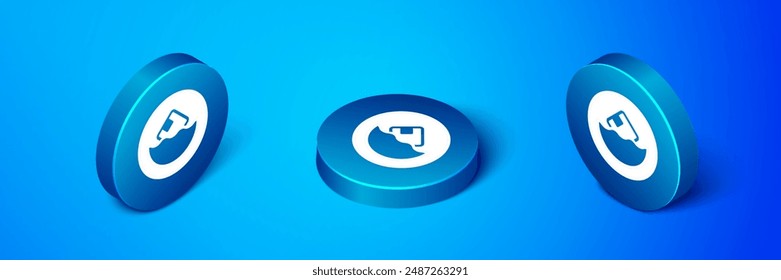 Isometric Carton cardboard box icon isolated on blue background. Box, package, parcel sign. Delivery and packaging. Blue circle button. Vector