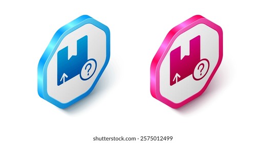 Isometric Carton cardboard box icon isolated on white background. Box, package, parcel sign. Delivery and packaging. Hexagon button. Vector