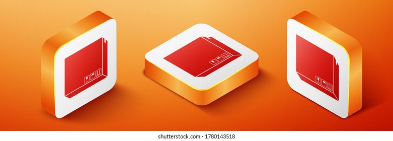 Isometric Carton cardboard box with traffic symbols icon isolated on orange background. Delivery and packaging. Transportation and shipping. Orange square button. Vector