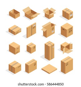 Isometric carton packaging box images set of different size with postal signs this side up fragile vector illustration