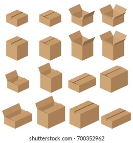 Isometric carton empaquetador iconos vectoriales. Montones realistas de paquetes de entrega marrón aislados en fondo blanco.