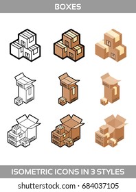 Isometric carton packaging boxes set in three styles with postal signs this side up fragile vector illustration