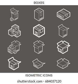 Isometric carton packaging boxes set in line art style with postal signs this side up fragile vector illustration