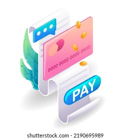 Isometric, Cartoon. 3D Icon Of Payment Of An Invoice By Credit Card. Payment Message. Debiting Money From The Account. Vector For Website.