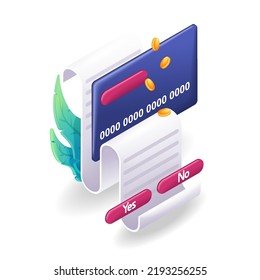 Isometric, caricatura. Icono 3D de pago de una factura por tarjeta de crédito. Deudando dinero de la cuenta. Vector para sitio web.