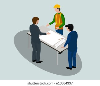 Isometric cartoon of building, construction, development, teamwork and people concept. Builders in hardhats discuss with engineer with blueprint on table in vector illustration