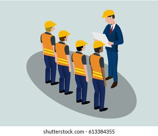 Isometric cartoon of building, construction, development, teamwork and people concept. Builders in hardhats discuss with engineer with blueprint in vector illustration