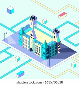 Isometric cartoon castle. A vector colorful illustration with black stroke. Stone built fort or castle. 