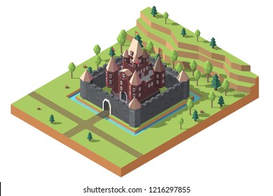 Isometric cartoon castle in woods. Game design fortress concept.