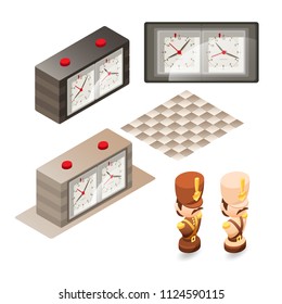 Isometric cartoon chess pieces Bishop.  Cute chessman, control clock isolated on white background. Vector flat illustration.
