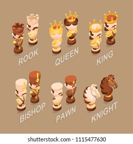 Isometric cartoon chess pieces King, Queen, Bishop, Rook, Pawn, Knight.  Cute chessman isolated on brown background. Vector flat illustration.