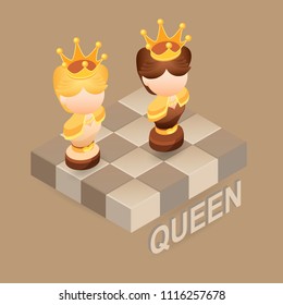 Isometric cartoon chess pieces Queen. Black and white. Cute chessman and fragment of checkerboard isolated on brown. Chess background. Vector flat illustration. 