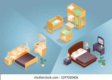 Isometric cartoon double bed, nightstand, mirror, flower pot and lamp isometric icon. Bunk bed, baby crib and baby changing table. Furniture icon set isolated on blue. Vector flat 3d illustration.