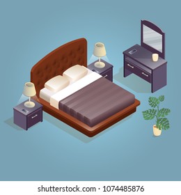 Isometric cartoon double king size bed with mattress and a high back, nightstand, mirror, flowerpot and lamp isometric icon. Furniture icon set isolated on blue. Vector flat style 3d illustration.
