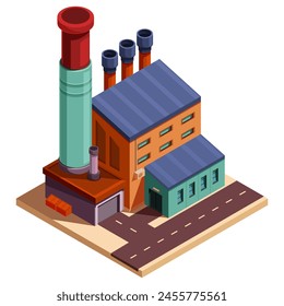 isometric cartoon factory with pipes and buildings, vector illustrationfactory, isometric, concept, pipe, production, business, vector, illustration, road, entrance, banner, building, architecture, ca