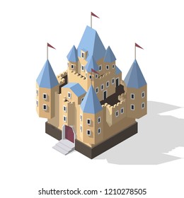 Isometric cartoon fantasy castle. Game design fortress concept.