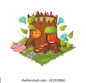 Isometric Cartoon Fantasy Tree Stump Village House Decorated with Flowers - Elements for Tileset Map, Landscape Design or Game Object in Colorful Detailed Vector