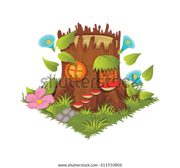 Isometric Cartoon Fantasy Tree Stump Village Stock Vector Royalty