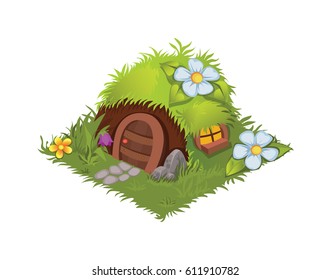 Isometric Cartoon Fantasy Village House Decorated with Flowers - Elements for Tileset Map, Landscape Design or Game Object in Colorful Detailed Vector svg
