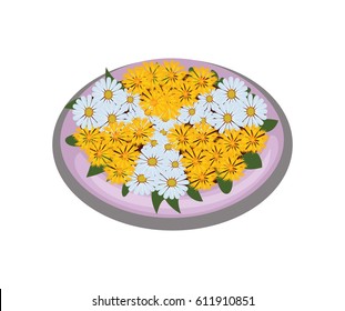 Isometric Cartoon Flower Bush Bed With Symmetrically Planted White and Yellow Daisies  - Elements for Tileset Map, Landscape Design or Game Object in Colorful Detailed Vector
