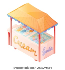 Isometric cartoon illustration of a summer city cart or ice cream and soda stand.