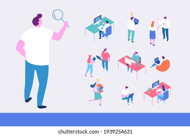 Isometric cartoon office people, vector set. Office life. Business people, Teamwork. 