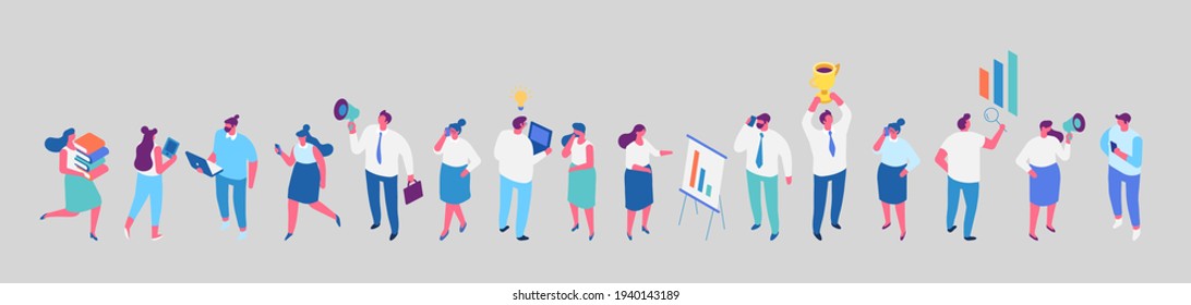 Isometric cartoon office people vector horizontal banner. Office life. Business people, Teamwork 