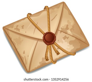 Isometric cartoon old post paper envelope sealed with red wax seal. 3d game icon isolated on white background. Vintage vector illustration.