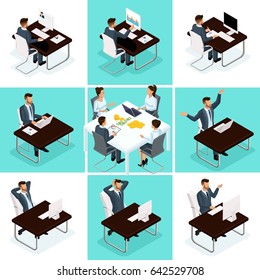 Isometric cartoon people, 3d businessmen, a set of concepts with a businessman while working brainstorming process for vector illustrations